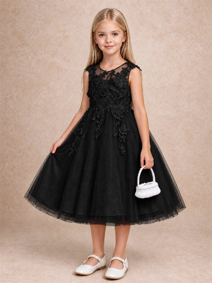 Girls 3D Floral Lace Tulle Flower Girl Dress Sleeveless Princess Gown for Wedding Birthday Party