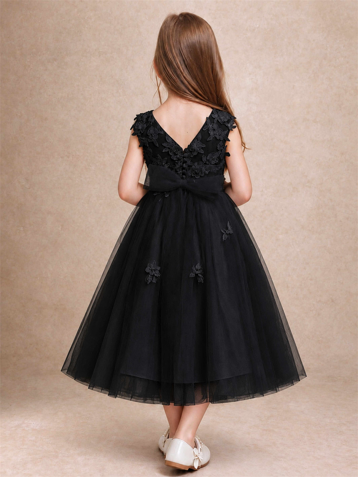 Girls 3D Floral Lace Tulle Flower Girl Dress Sleeveless Princess Gown for Wedding Birthday Party