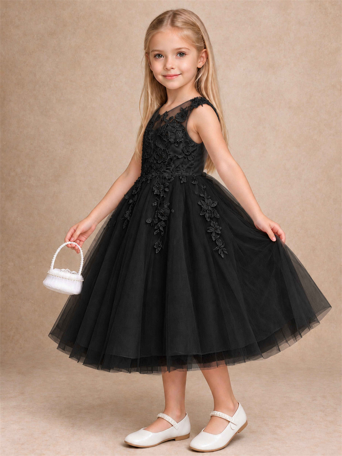 Girls 3D Floral Lace Tulle Flower Girl Dress Sleeveless Princess Gown for Wedding Birthday Party