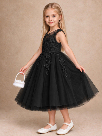 Girls 3D Floral Lace Tulle Flower Girl Dress Sleeveless Princess Gown for Wedding Birthday Party