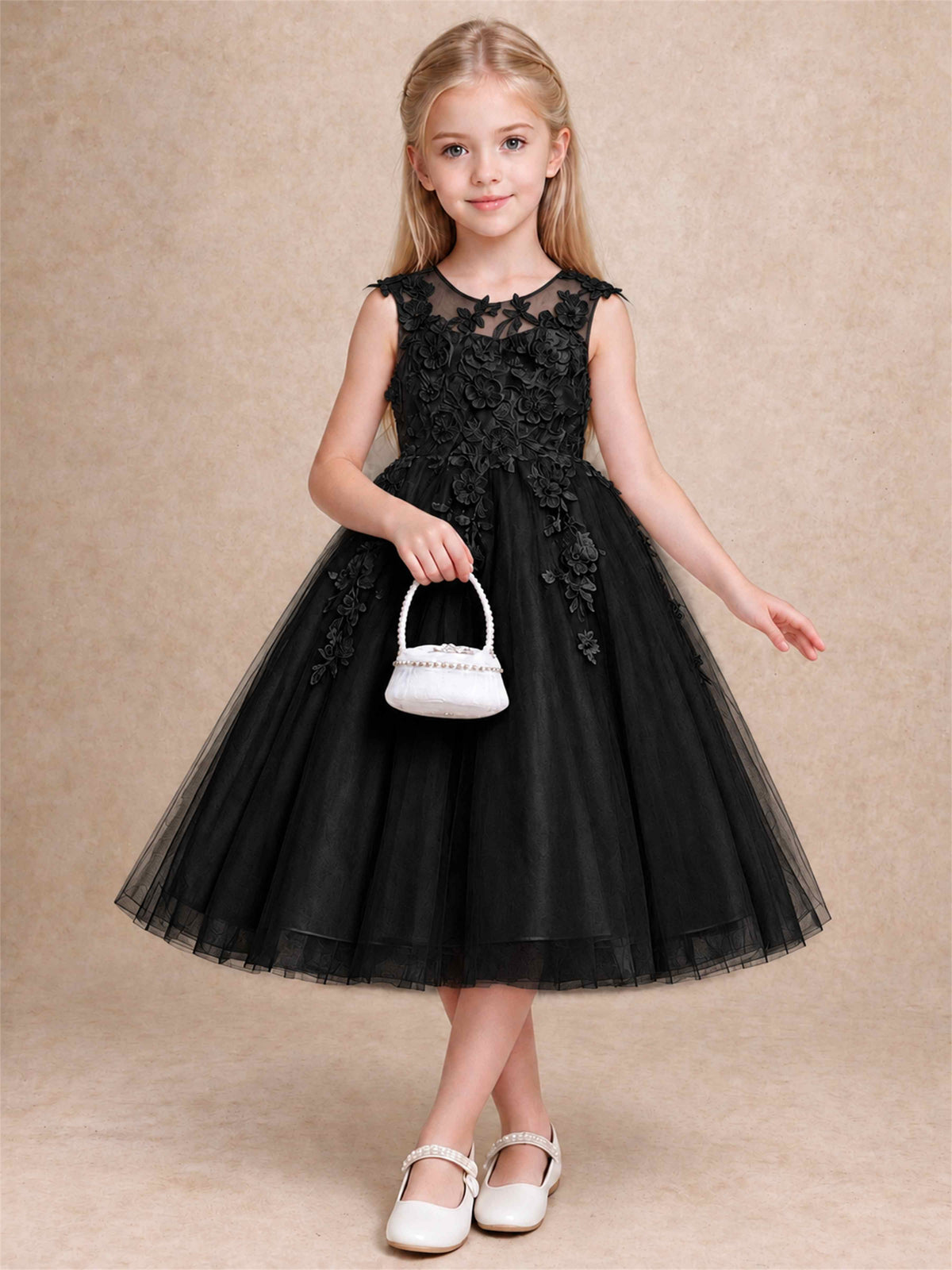 Girls 3D Floral Lace Tulle Flower Girl Dress Sleeveless Princess Gown for Wedding Birthday Party