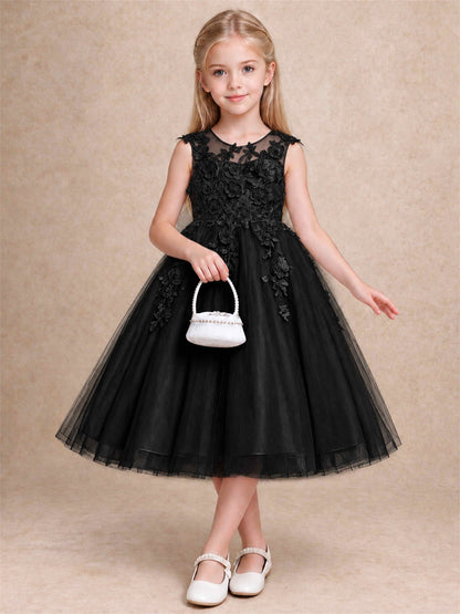Girls 3D Floral Lace Tulle Flower Girl Dress Sleeveless Princess Gown for Wedding Birthday Party