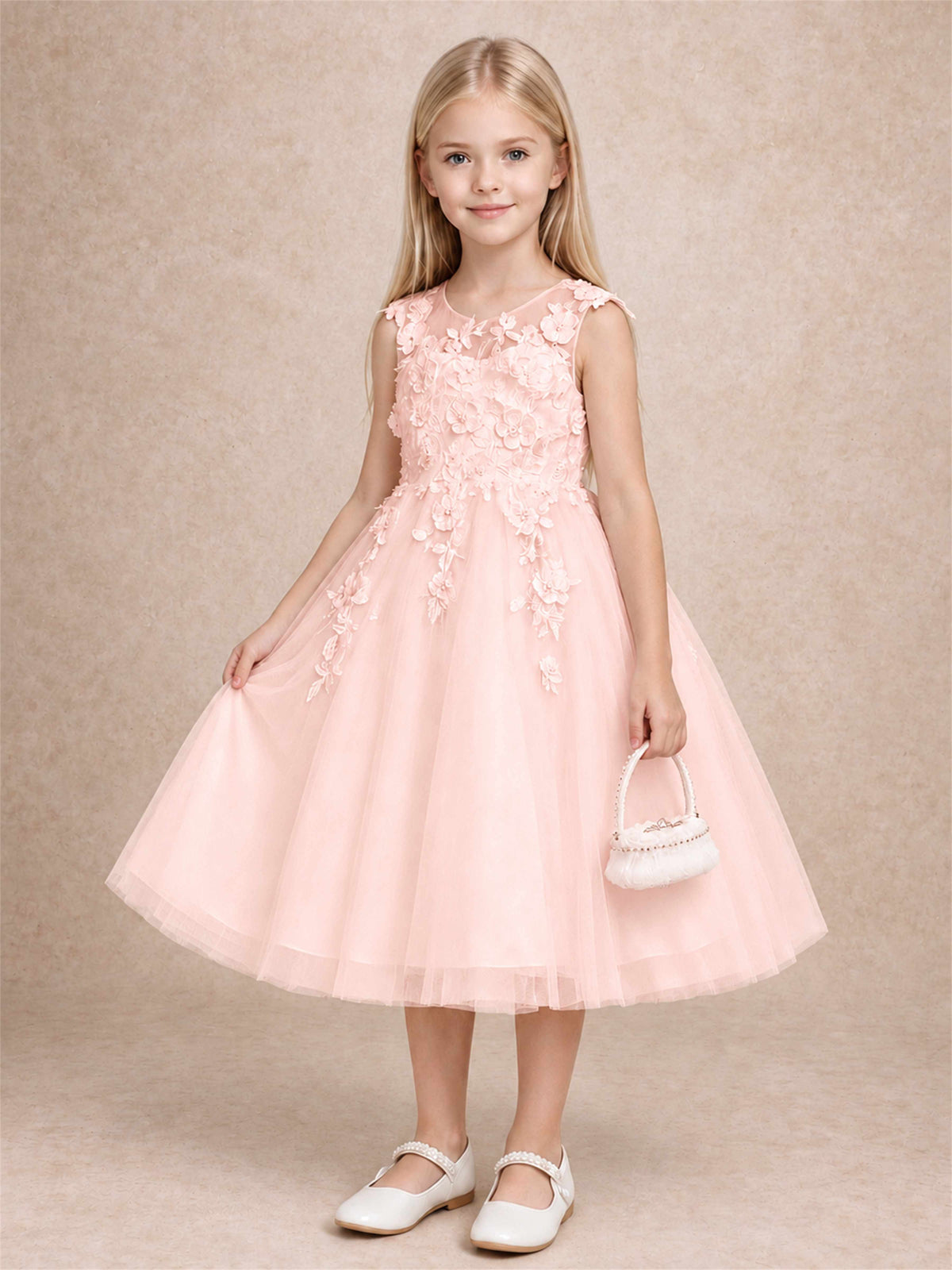Girls 3D Floral Lace Tulle Flower Girl Dress Sleeveless Princess Gown for Wedding Birthday Party
