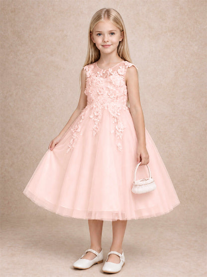 Girls 3D Floral Lace Tulle Flower Girl Dress Sleeveless Princess Gown for Wedding Birthday Party
