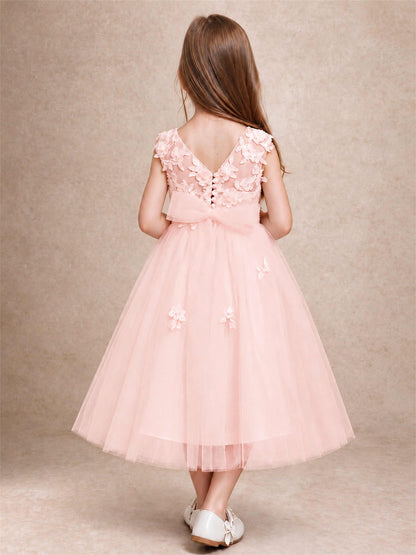 Girls 3D Floral Lace Tulle Flower Girl Dress Sleeveless Princess Gown for Wedding Birthday Party