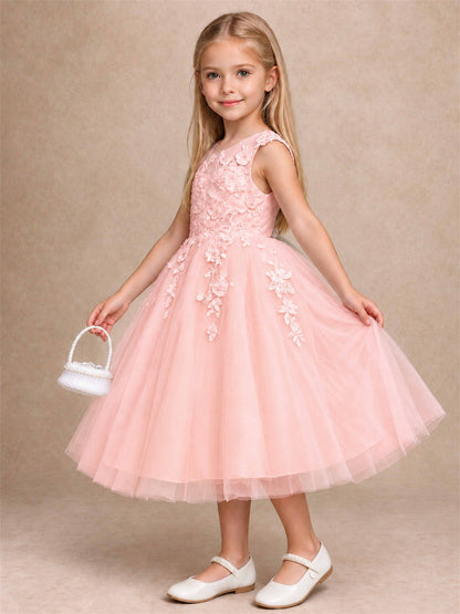 Girls 3D Floral Lace Tulle Flower Girl Dress Sleeveless Princess Gown for Wedding Birthday Party