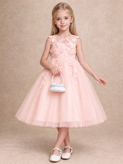 Girls 3D Floral Lace Tulle Flower Girl Dress Sleeveless Princess Gown for Wedding Birthday Party