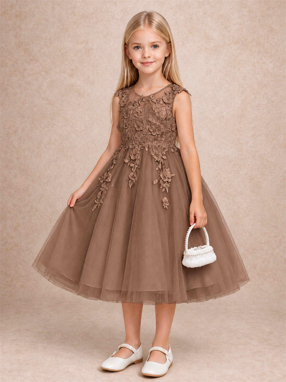 Girls 3D Floral Lace Tulle Flower Girl Dress Sleeveless Princess Gown for Wedding Birthday Party