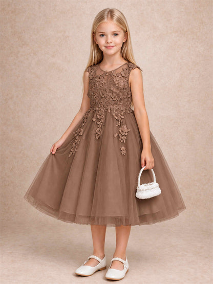 Girls 3D Floral Lace Tulle Flower Girl Dress Sleeveless Princess Gown for Wedding Birthday Party