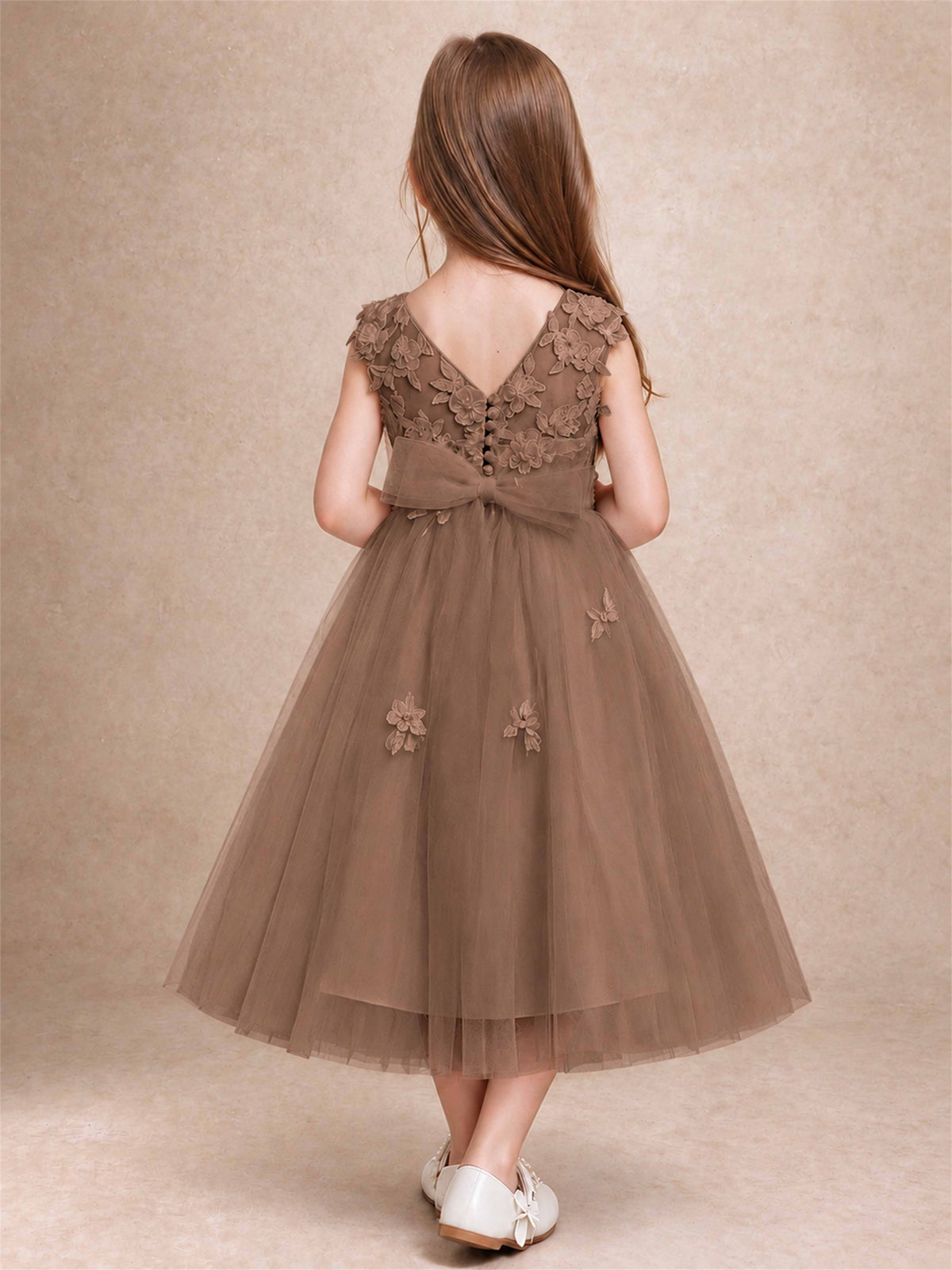 Girls 3D Floral Lace Tulle Flower Girl Dress Sleeveless Princess Gown for Wedding Birthday Party
