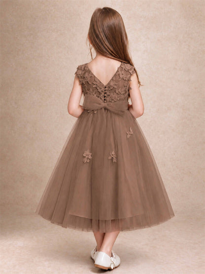 Girls 3D Floral Lace Tulle Flower Girl Dress Sleeveless Princess Gown for Wedding Birthday Party