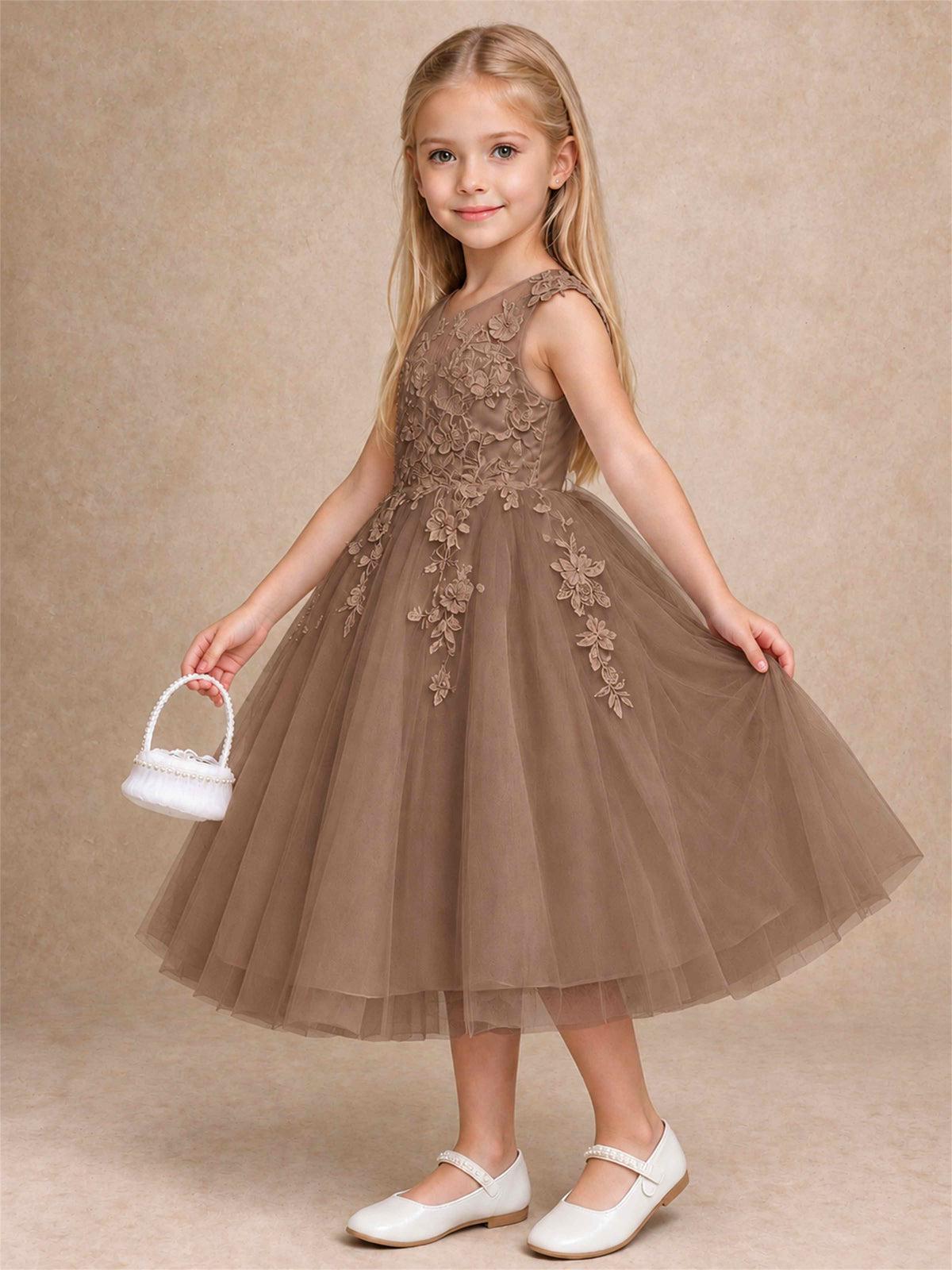 Girls 3D Floral Lace Tulle Flower Girl Dress Sleeveless Princess Gown for Wedding Birthday Party
