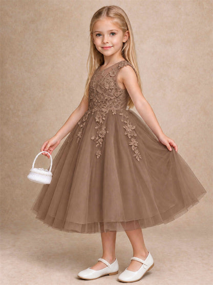 Girls 3D Floral Lace Tulle Flower Girl Dress Sleeveless Princess Gown for Wedding Birthday Party
