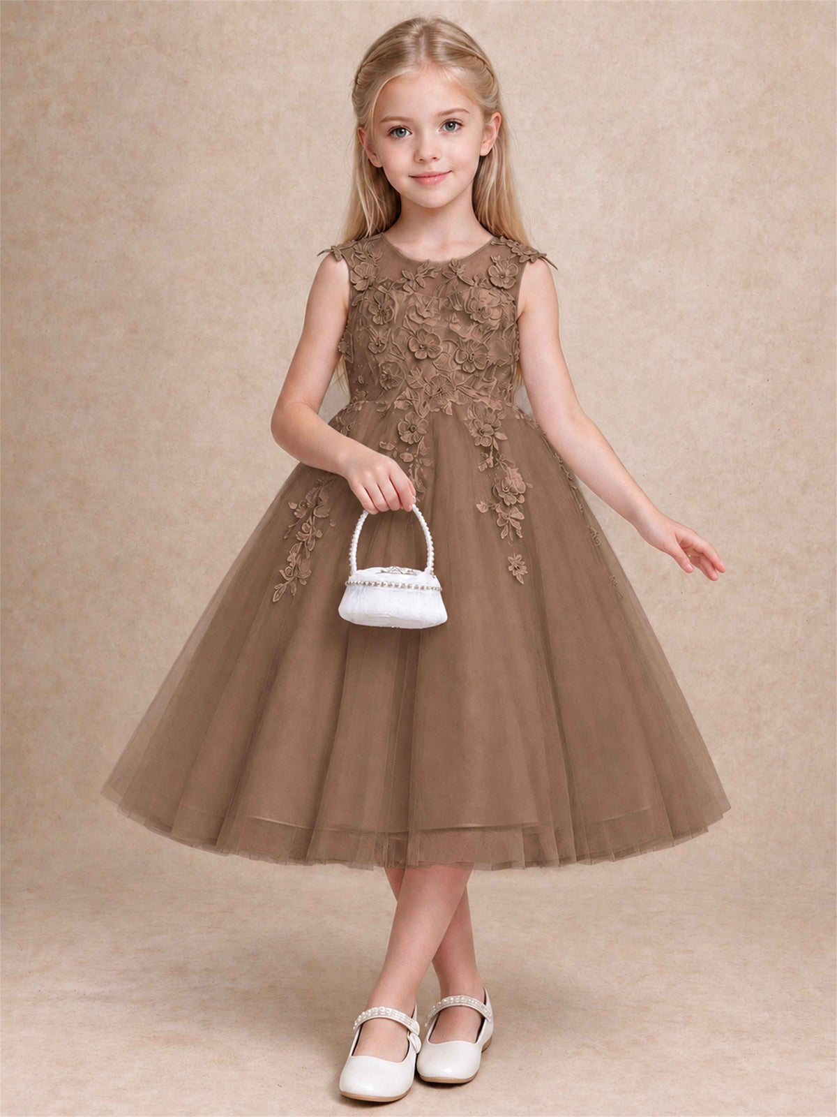 Girls 3D Floral Lace Tulle Flower Girl Dress Sleeveless Princess Gown for Wedding Birthday Party