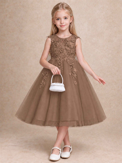 Girls 3D Floral Lace Tulle Flower Girl Dress Sleeveless Princess Gown for Wedding Birthday Party
