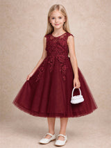 Girls 3D Floral Lace Tulle Flower Girl Dress Sleeveless Princess Gown for Wedding Birthday Party