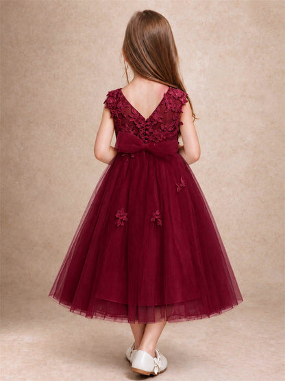 Girls 3D Floral Lace Tulle Flower Girl Dress Sleeveless Princess Gown for Wedding Birthday Party