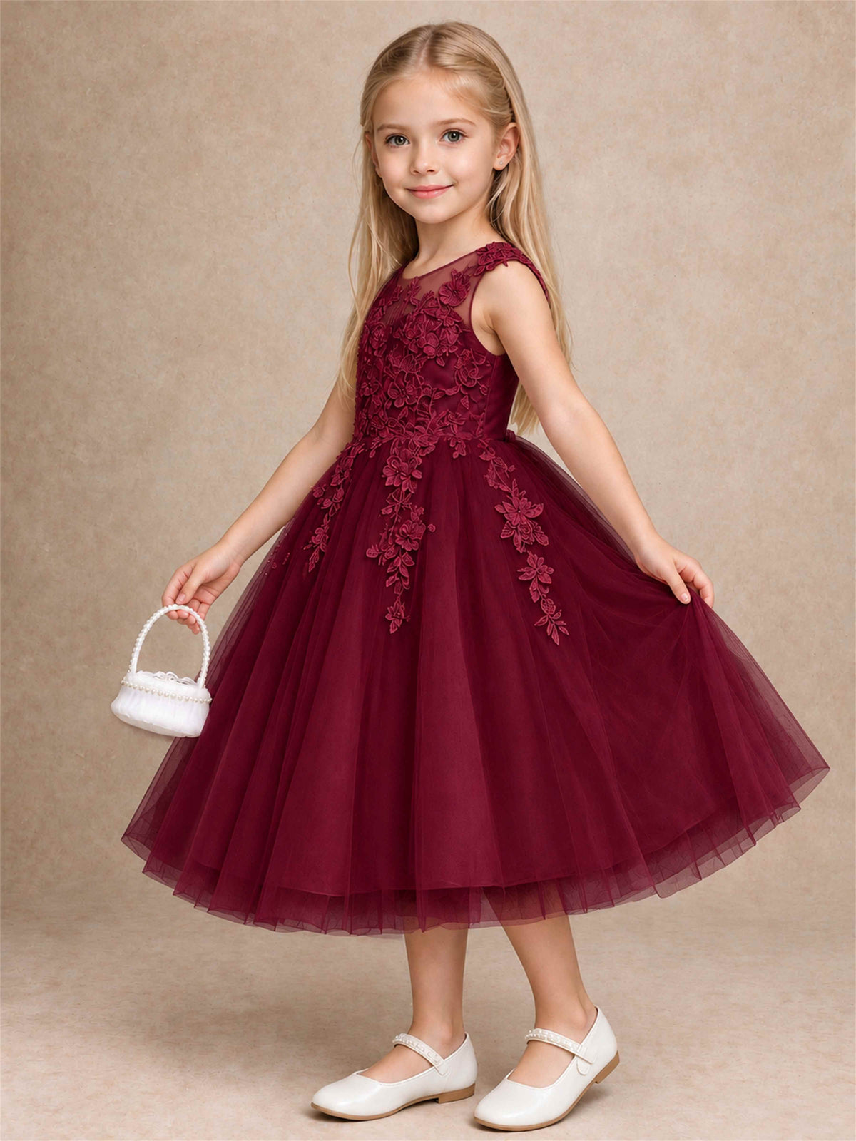 Girls 3D Floral Lace Tulle Flower Girl Dress Sleeveless Princess Gown for Wedding Birthday Party