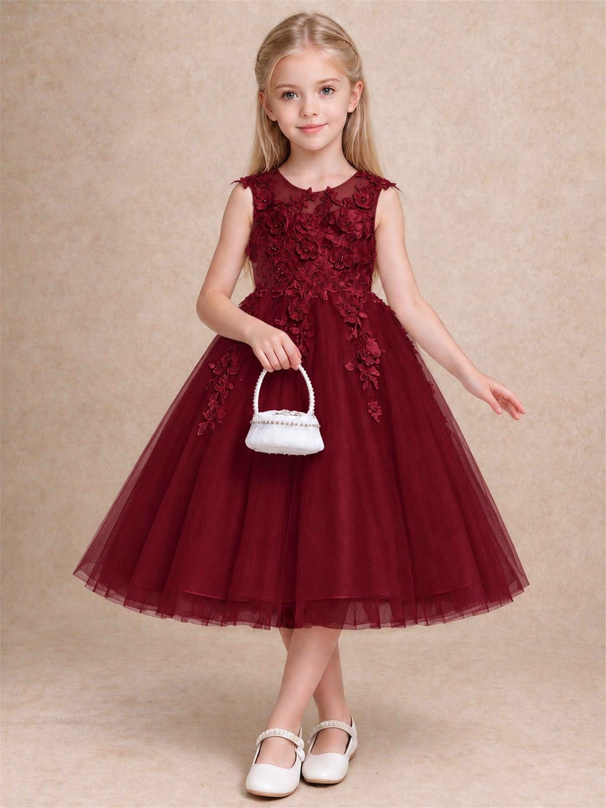 Girls 3D Floral Lace Tulle Flower Girl Dress Sleeveless Princess Gown for Wedding Birthday Party