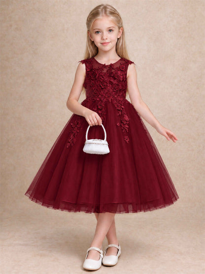 Girls 3D Floral Lace Tulle Flower Girl Dress Sleeveless Princess Gown for Wedding Birthday Party