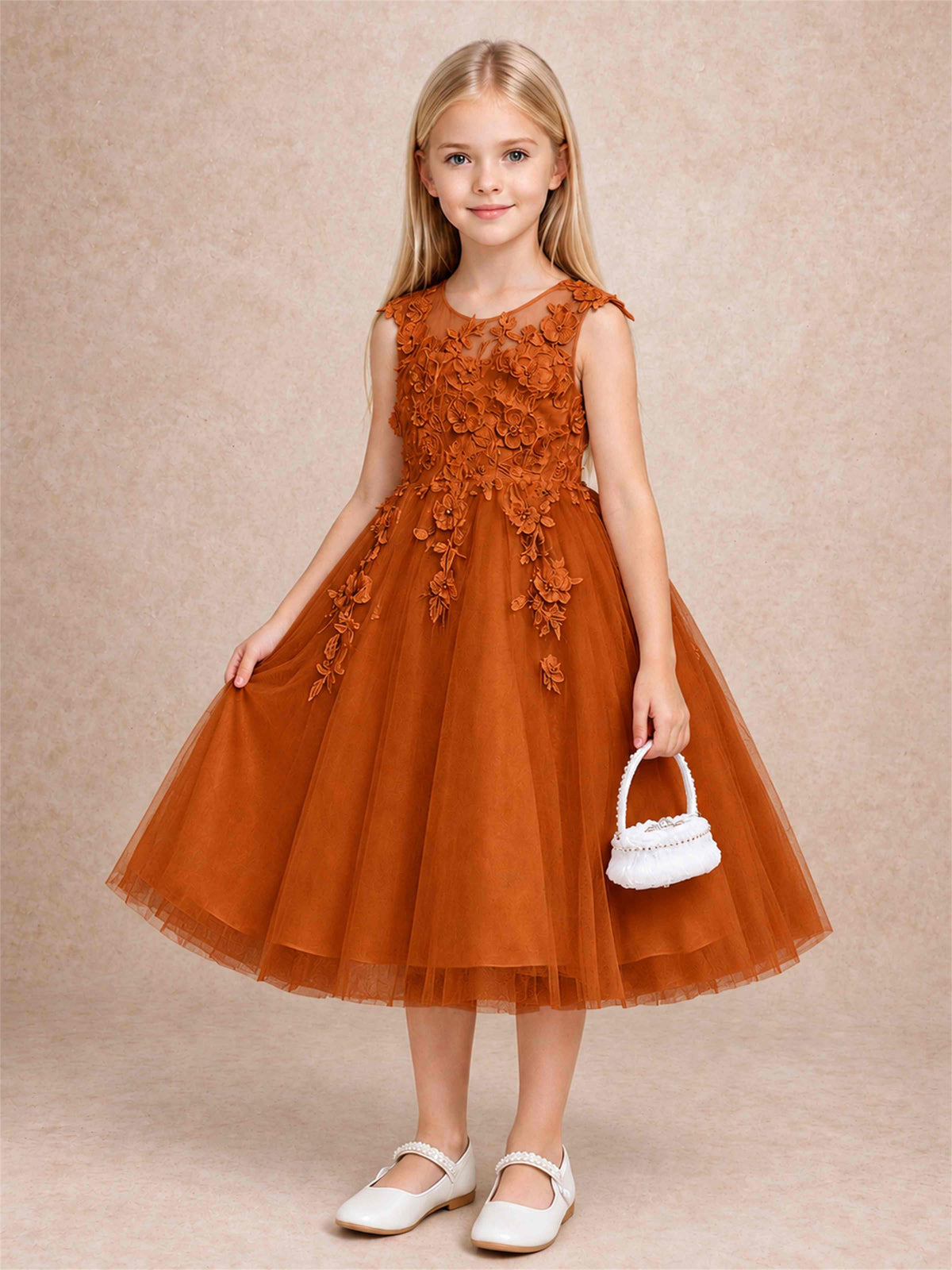 Girls 3D Floral Lace Tulle Flower Girl Dress Sleeveless Princess Gown for Wedding Birthday Party