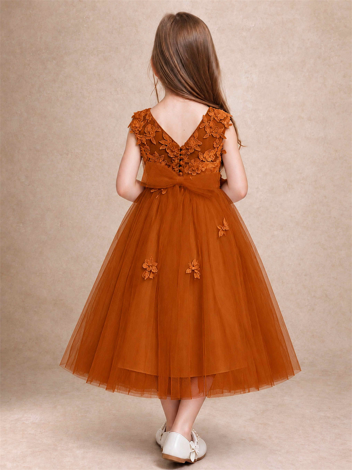Girls 3D Floral Lace Tulle Flower Girl Dress Sleeveless Princess Gown for Wedding Birthday Party