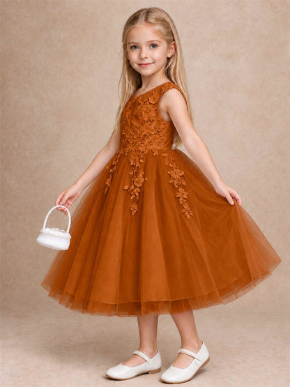 Girls 3D Floral Lace Tulle Flower Girl Dress Sleeveless Princess Gown for Wedding Birthday Party