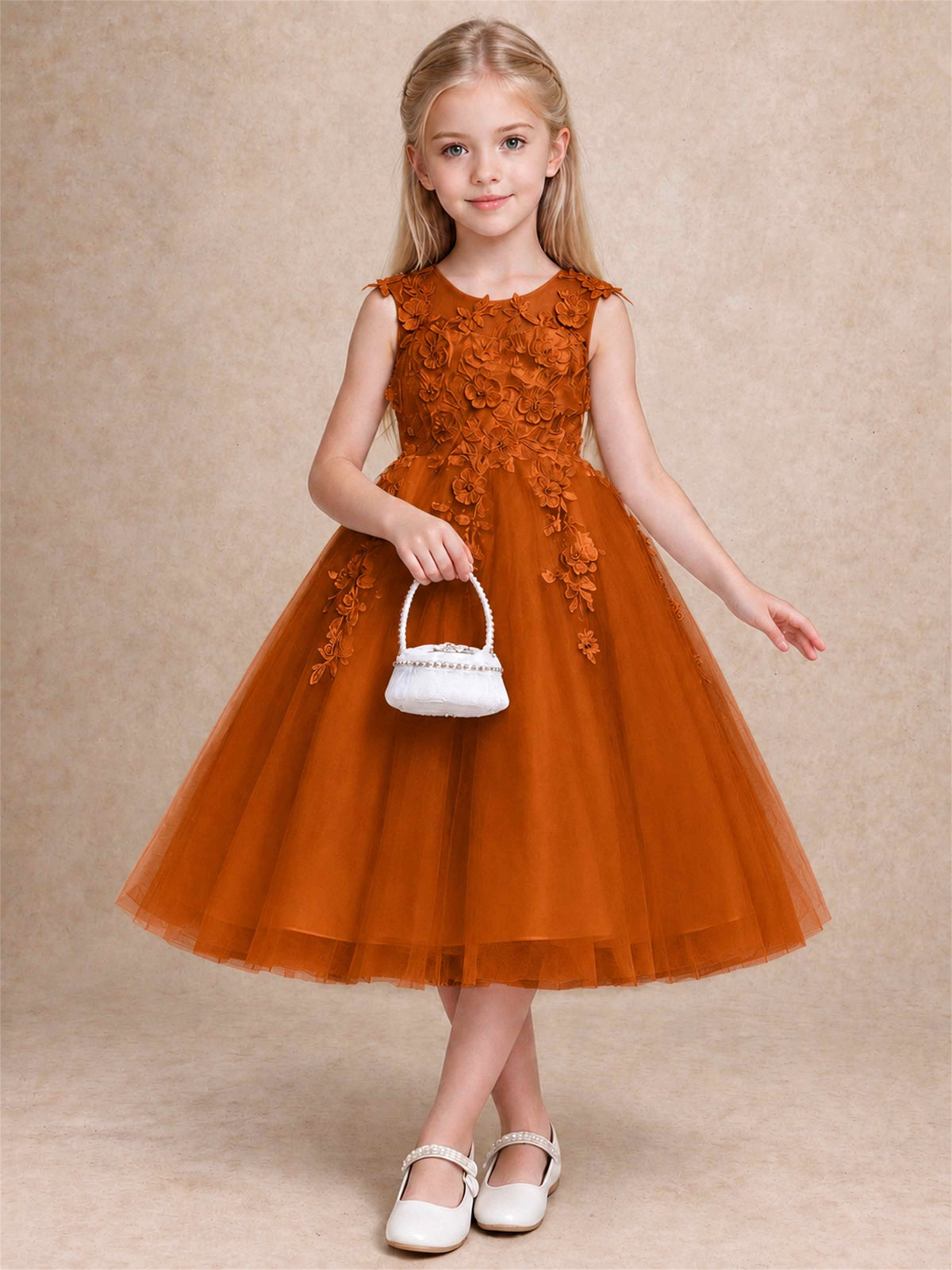 Girls 3D Floral Lace Tulle Flower Girl Dress Sleeveless Princess Gown for Wedding Birthday Party