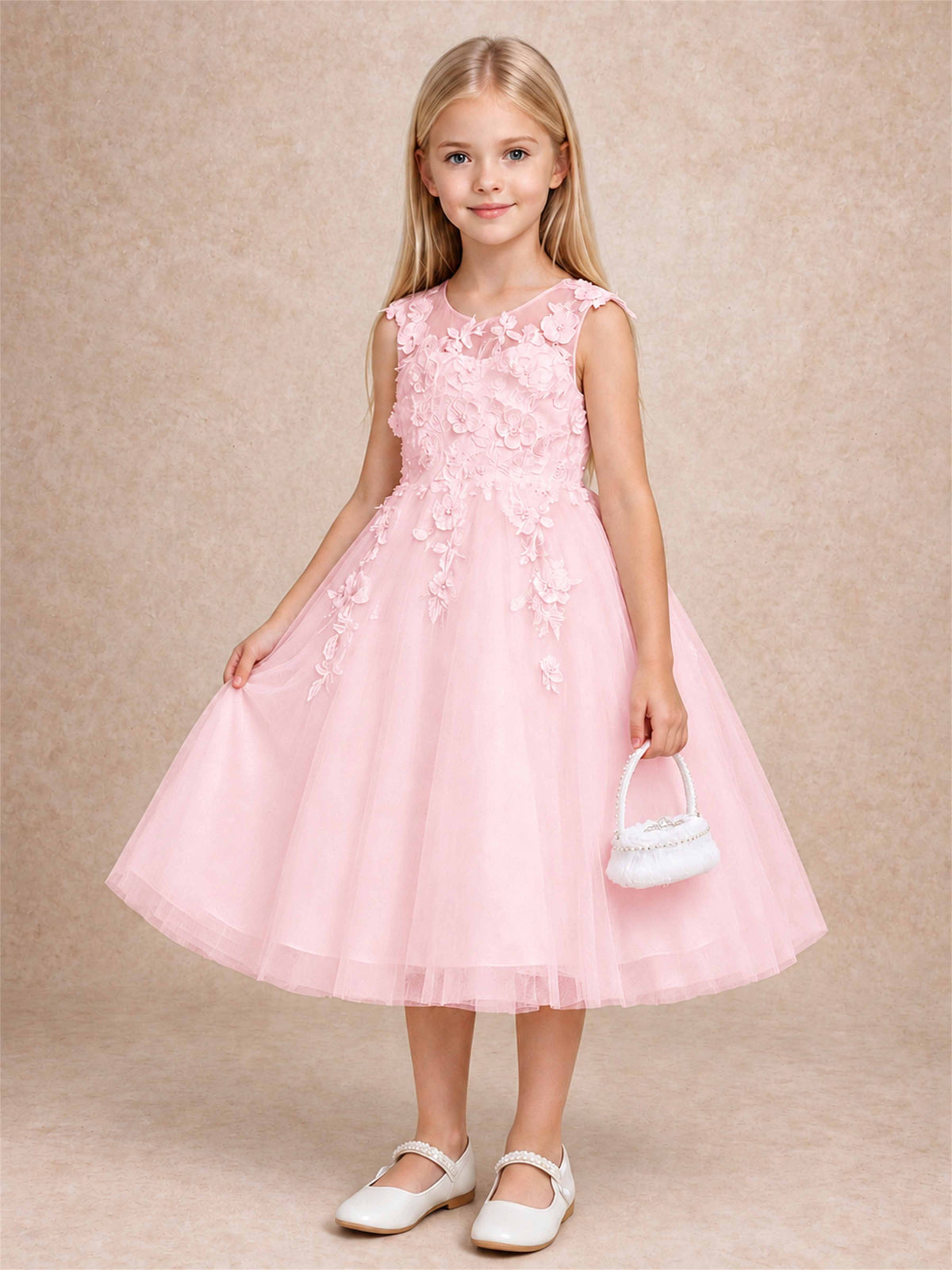 Girls 3D Floral Lace Tulle Flower Girl Dress Sleeveless Princess Gown for Wedding Birthday Party