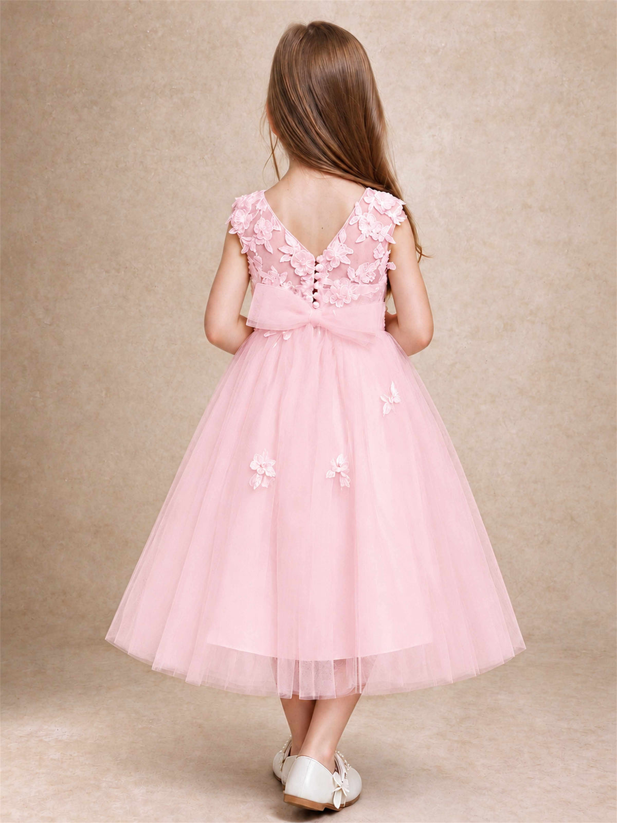 Girls 3D Floral Lace Tulle Flower Girl Dress Sleeveless Princess Gown for Wedding Birthday Party