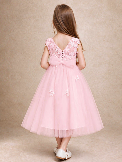 Girls 3D Floral Lace Tulle Flower Girl Dress Sleeveless Princess Gown for Wedding Birthday Party