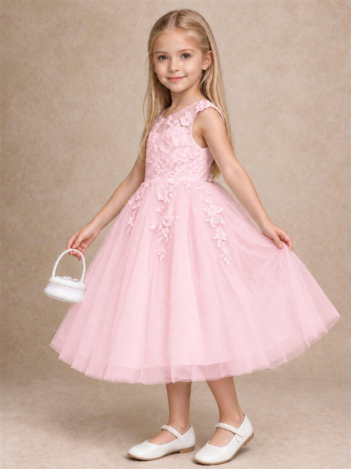 Girls 3D Floral Lace Tulle Flower Girl Dress Sleeveless Princess Gown for Wedding Birthday Party