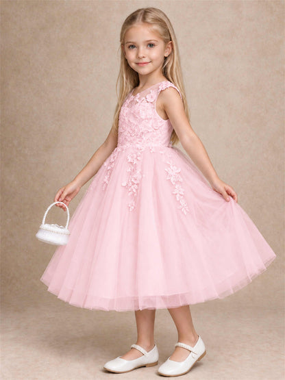 Girls 3D Floral Lace Tulle Flower Girl Dress Sleeveless Princess Gown for Wedding Birthday Party