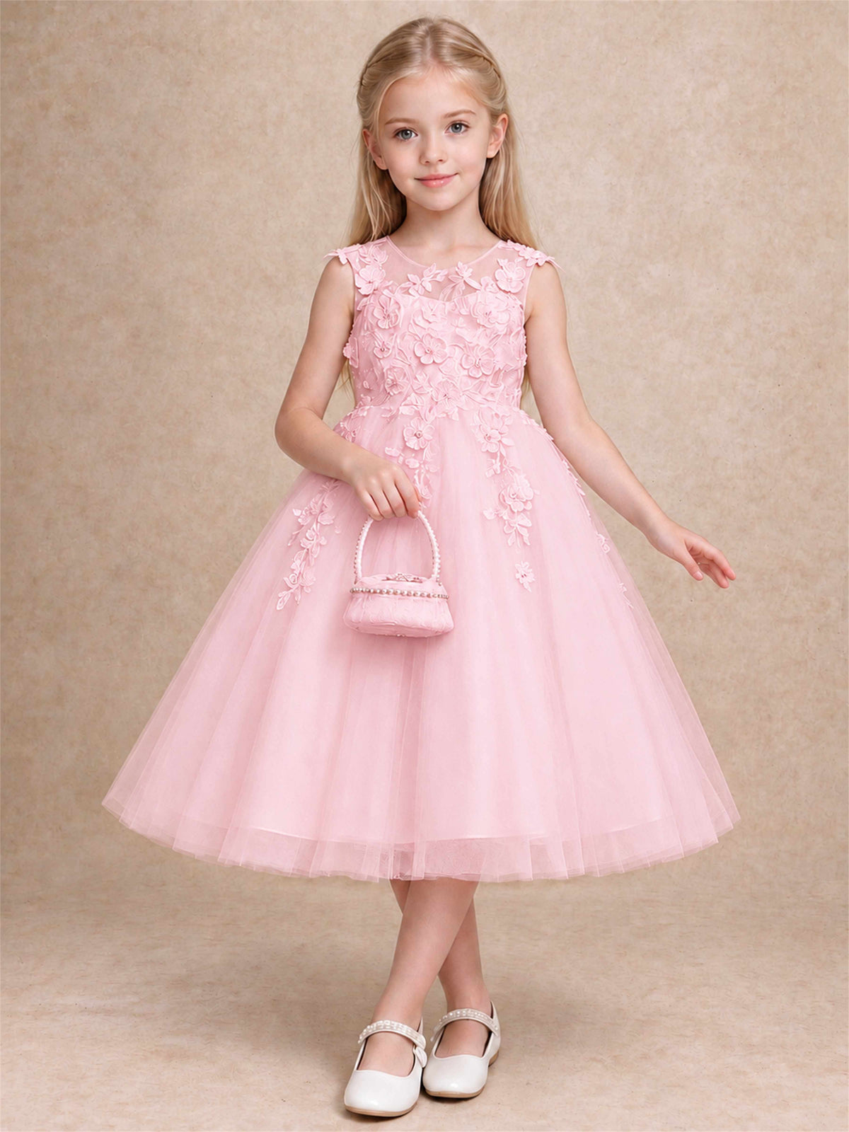 Girls 3D Floral Lace Tulle Flower Girl Dress Sleeveless Princess Gown for Wedding Birthday Party