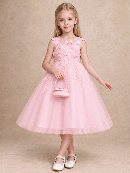Girls 3D Floral Lace Tulle Flower Girl Dress Sleeveless Princess Gown for Wedding Birthday Party