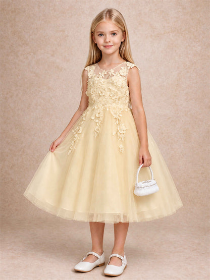Girls 3D Floral Lace Tulle Flower Girl Dress Sleeveless Princess Gown for Wedding Birthday Party