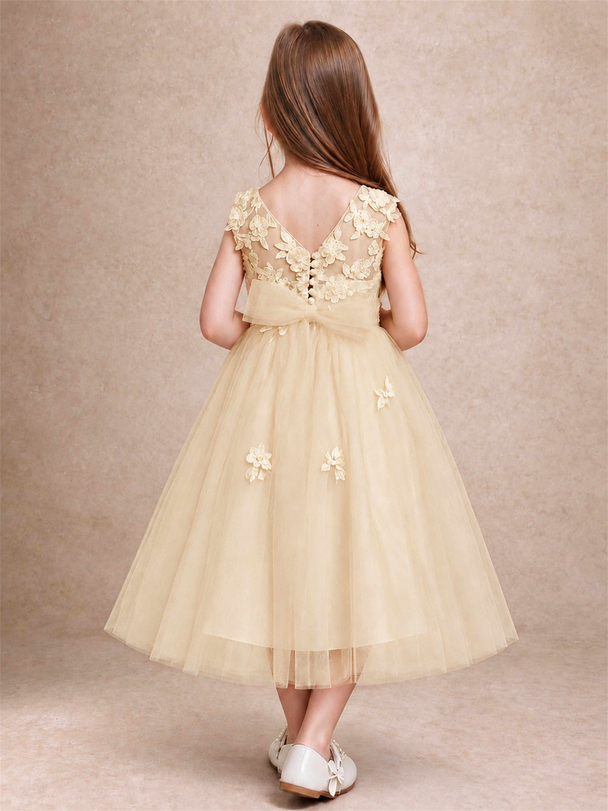 Girls 3D Floral Lace Tulle Flower Girl Dress Sleeveless Princess Gown for Wedding Birthday Party