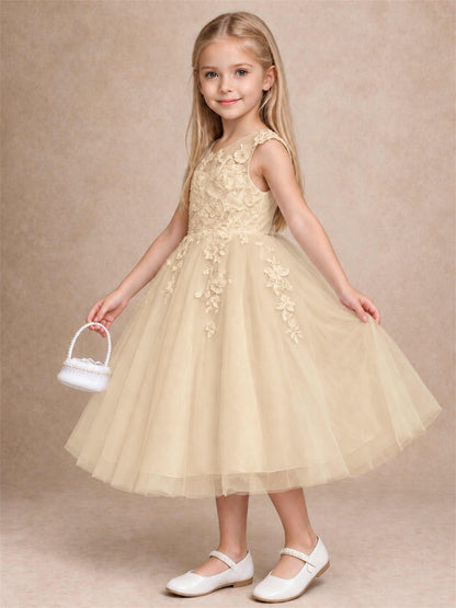 Girls 3D Floral Lace Tulle Flower Girl Dress Sleeveless Princess Gown for Wedding Birthday Party