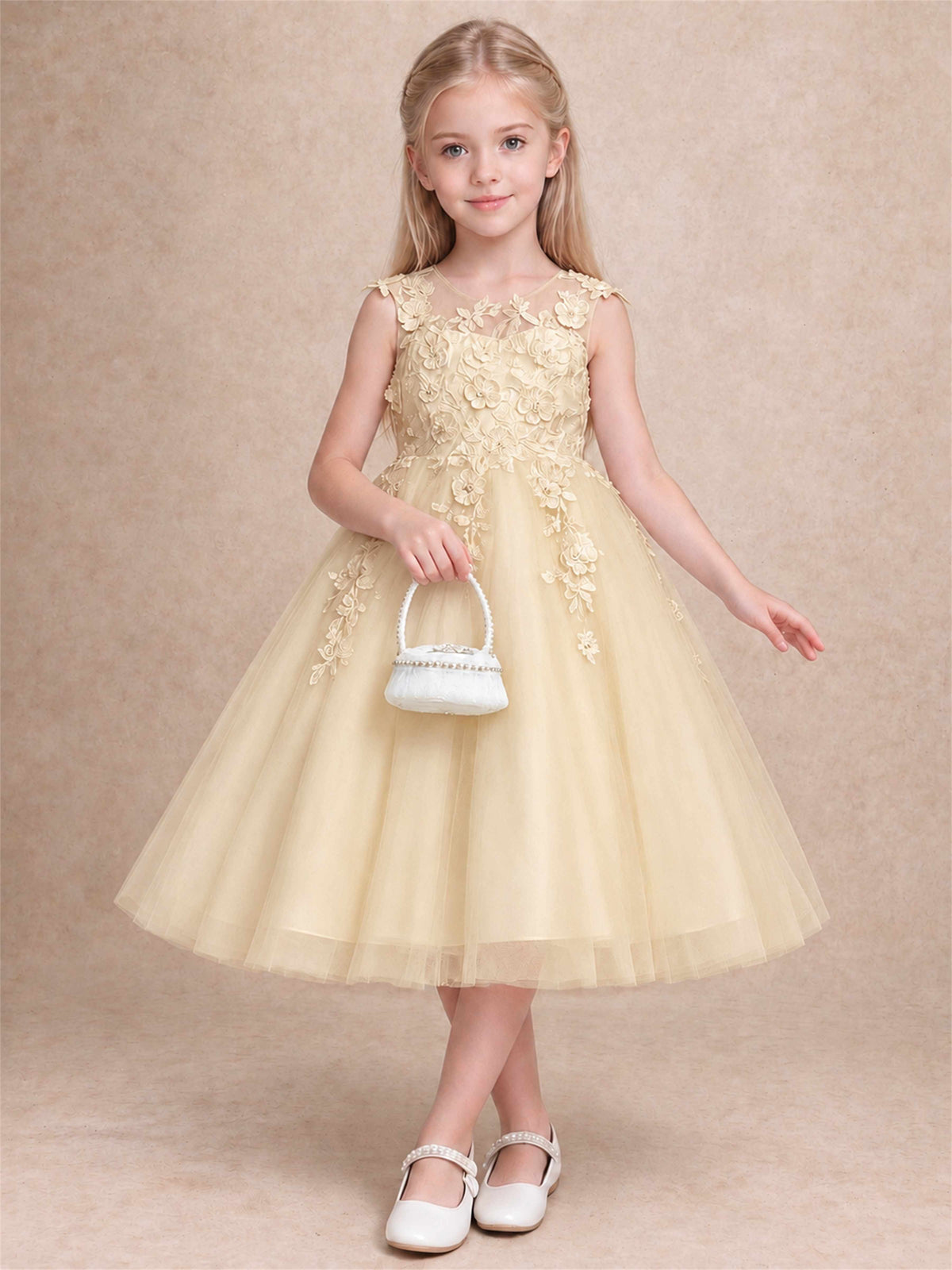 Girls 3D Floral Lace Tulle Flower Girl Dress Sleeveless Princess Gown for Wedding Birthday Party