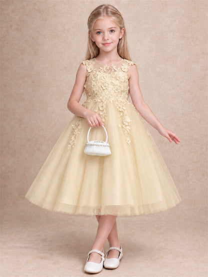 Girls 3D Floral Lace Tulle Flower Girl Dress Sleeveless Princess Gown for Wedding Birthday Party