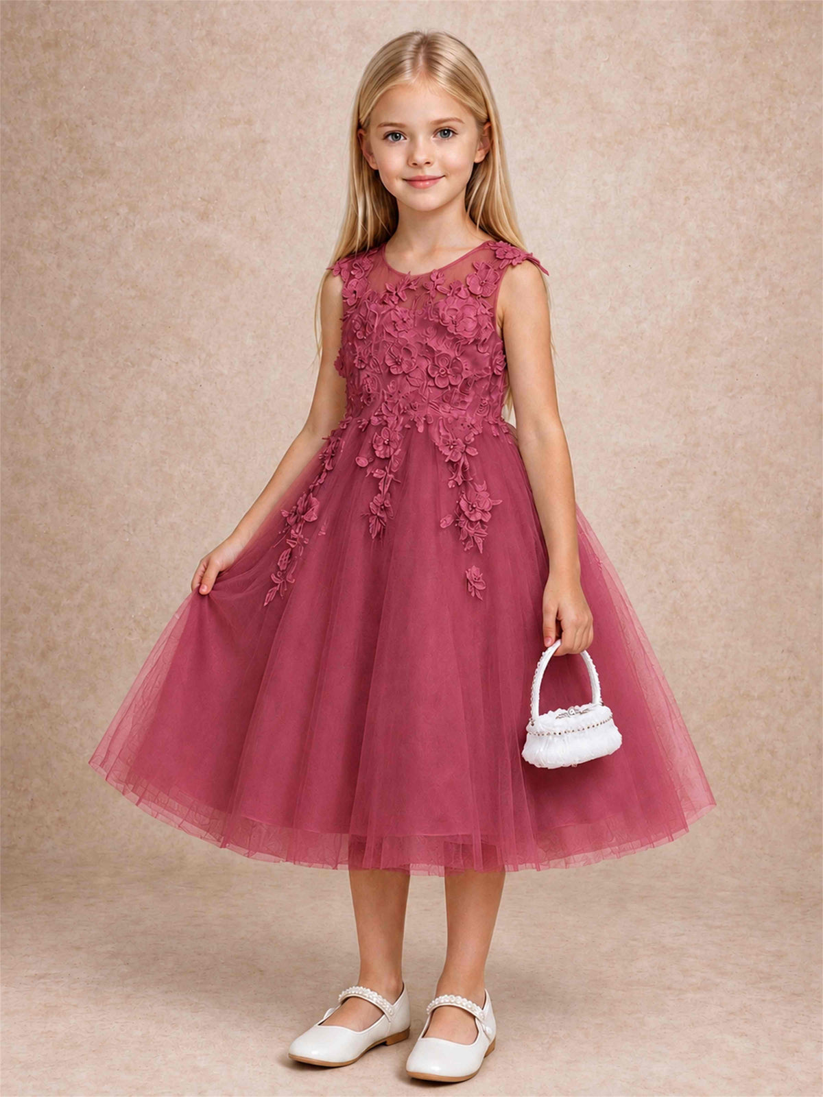 Girls 3D Floral Lace Tulle Flower Girl Dress Sleeveless Princess Gown for Wedding Birthday Party