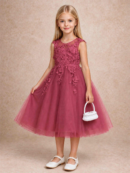 Girls 3D Floral Lace Tulle Flower Girl Dress Sleeveless Princess Gown for Wedding Birthday Party