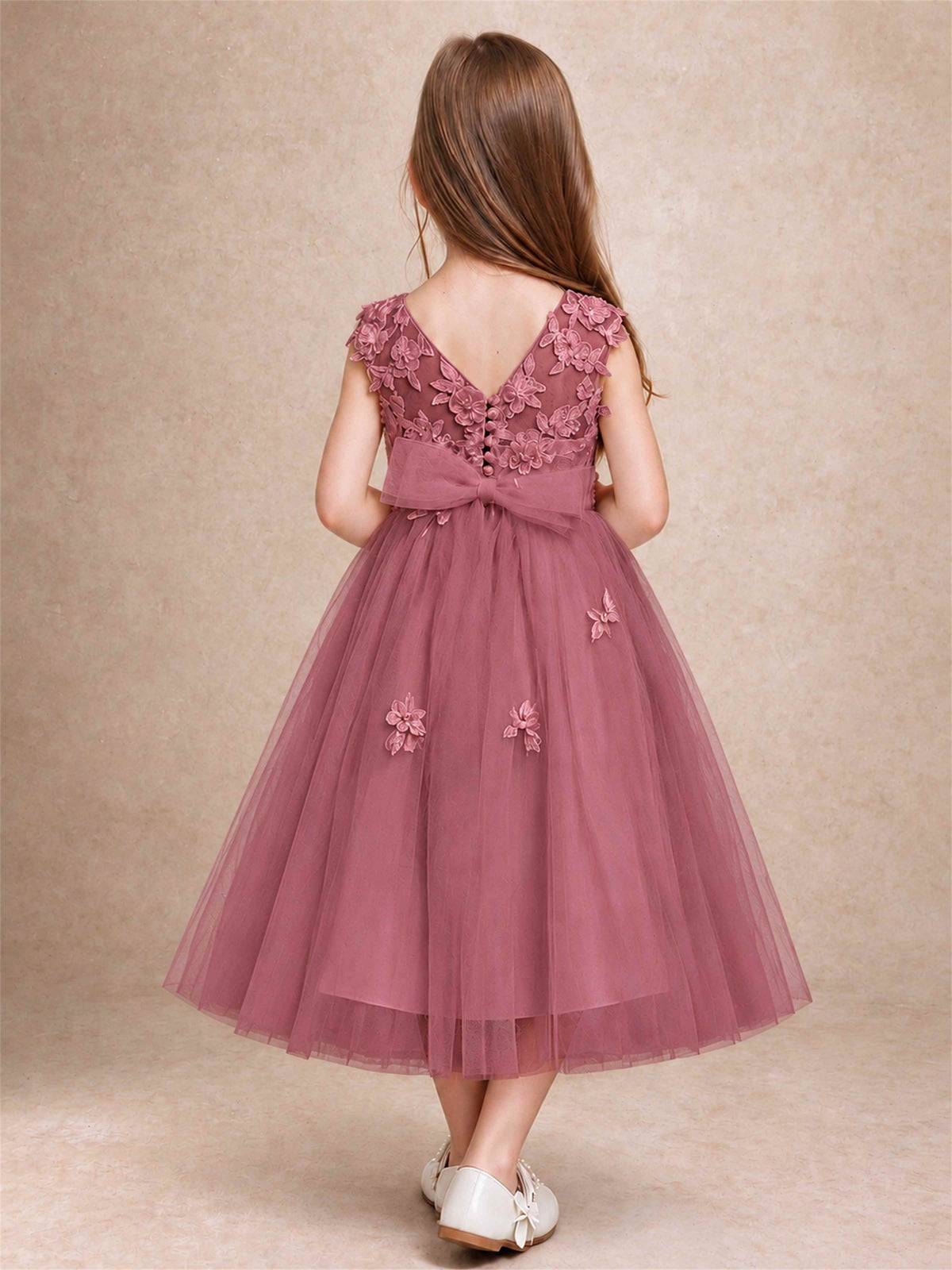 Girls 3D Floral Lace Tulle Flower Girl Dress Sleeveless Princess Gown for Wedding Birthday Party