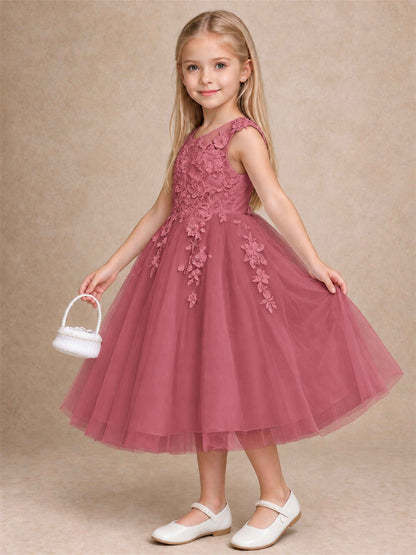 Girls 3D Floral Lace Tulle Flower Girl Dress Sleeveless Princess Gown for Wedding Birthday Party
