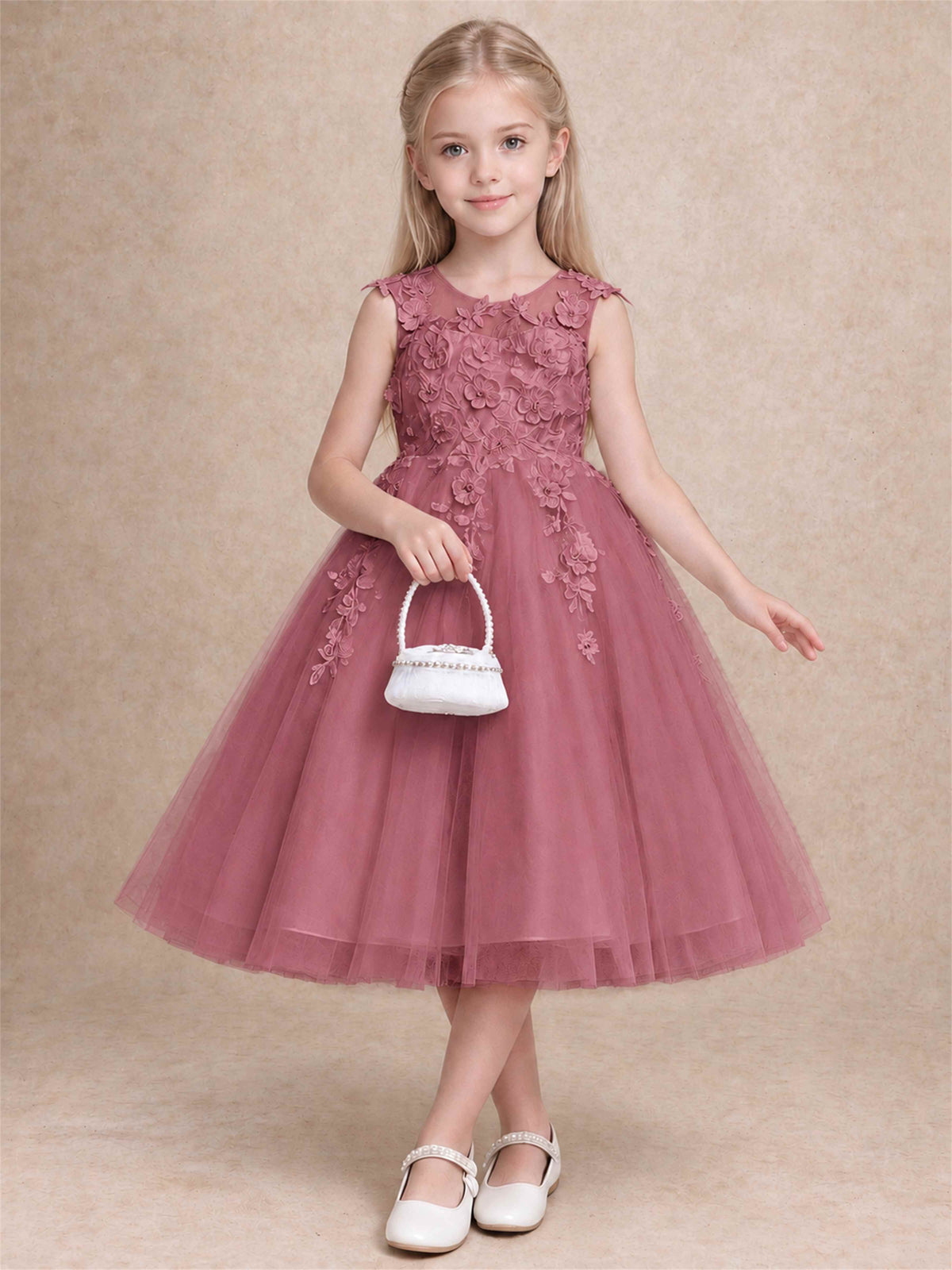 Girls 3D Floral Lace Tulle Flower Girl Dress Sleeveless Princess Gown for Wedding Birthday Party