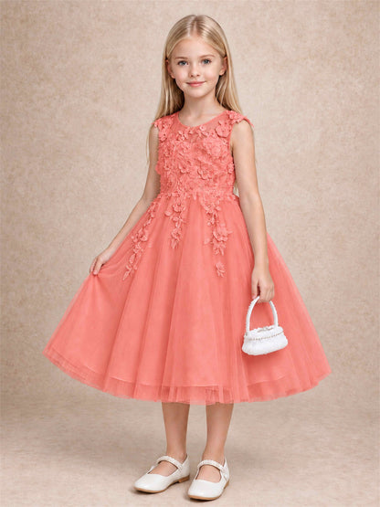 Girls 3D Floral Lace Tulle Flower Girl Dress Sleeveless Princess Gown for Wedding Birthday Party