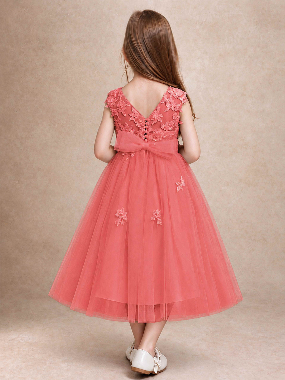 Girls 3D Floral Lace Tulle Flower Girl Dress Sleeveless Princess Gown for Wedding Birthday Party
