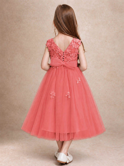 Girls 3D Floral Lace Tulle Flower Girl Dress Sleeveless Princess Gown for Wedding Birthday Party