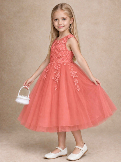 Girls 3D Floral Lace Tulle Flower Girl Dress Sleeveless Princess Gown for Wedding Birthday Party