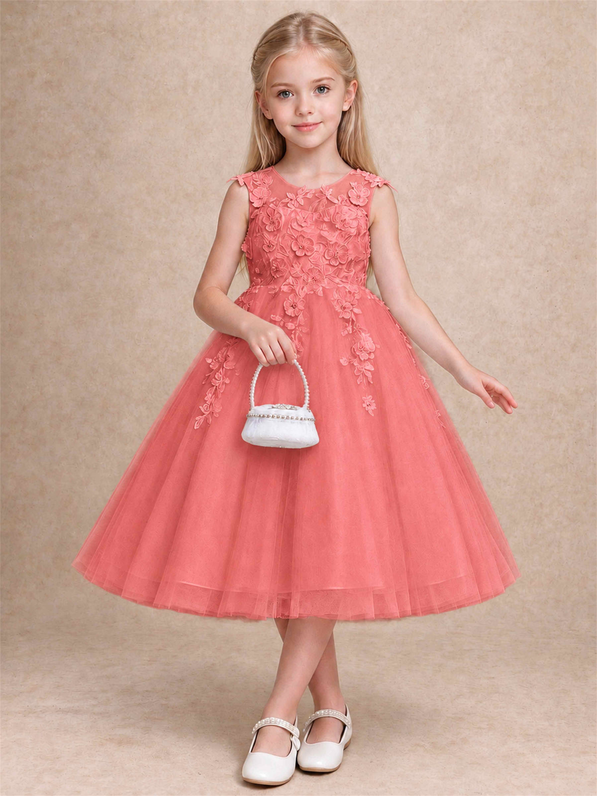 Girls 3D Floral Lace Tulle Flower Girl Dress Sleeveless Princess Gown for Wedding Birthday Party